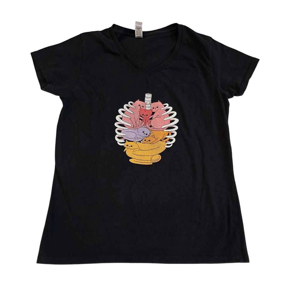 Black Cat Skeleton Rib Cage V-Neck Graphic Tee‎ Medium